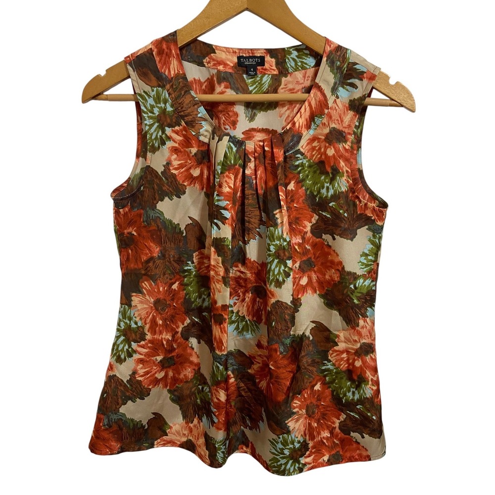 Talbots 100% Silk Floral Sleeveless Blouse Pleated Neck Romantic Boho Feminine 4 - Picture 2 of 9
